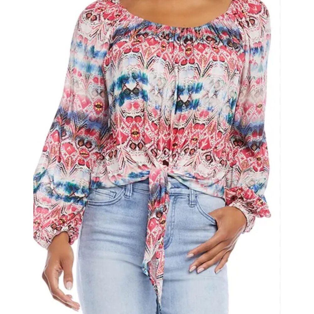 Karen Kane Womens Medium Boho Printed Tie-Front Blouse Long Sleeves Spring Top